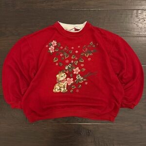 Vintage Red Cat Cherry Blossom Sweatshirt Size L Basic Editions